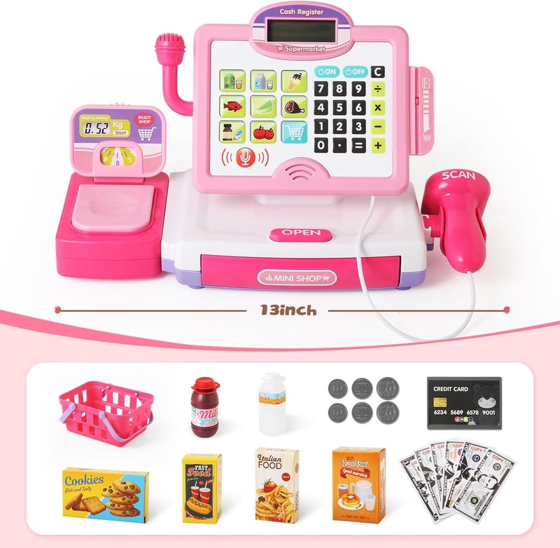 BAODLON Play Calculator Cash Register Toy Gift for Kids Girls Age 3, 4, 5, 6, 7, 8+ Year Old, 57 Pcs Pink Pretend Grocery Store Playset, Incl Microphone, Credit Card, Scanner, Fake Food, Play Money for Kids - Image 2